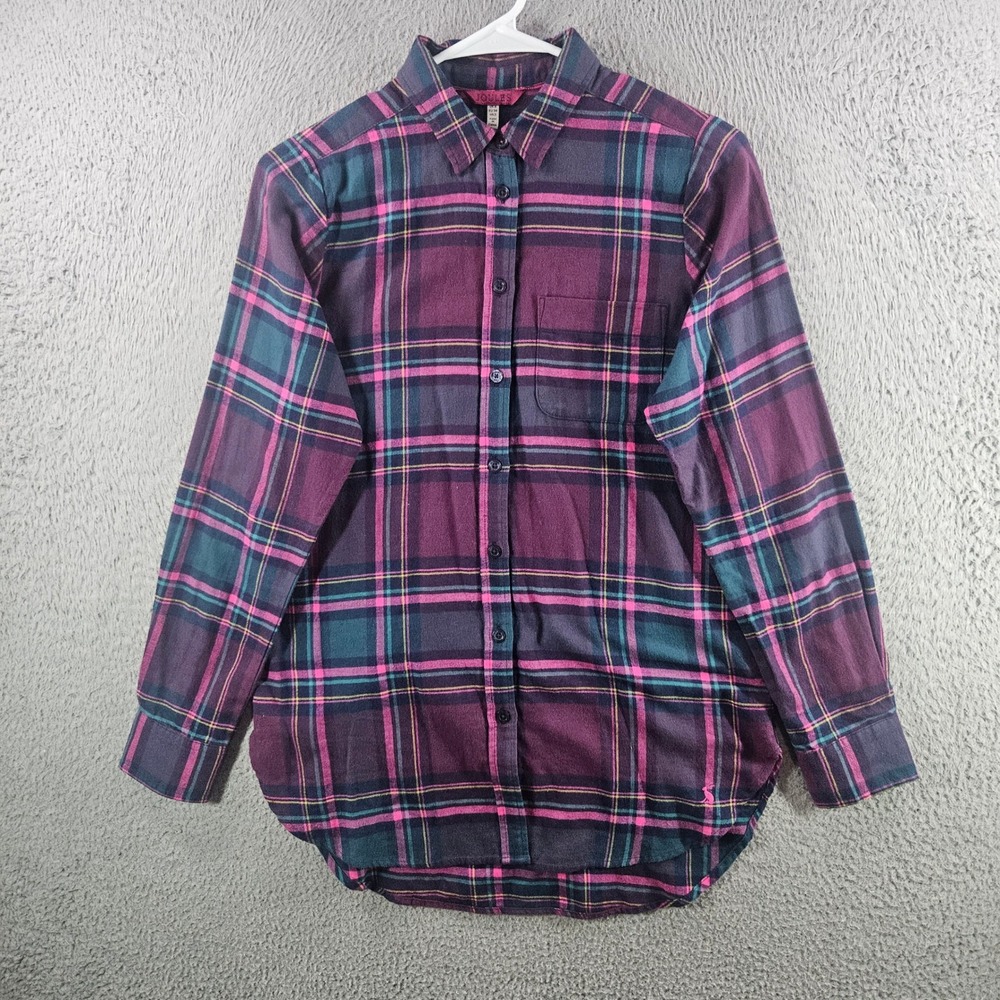 Joules Lorena Plaid Flannel Shirt Womens Size 2 Purple Pink Cotton Button Down